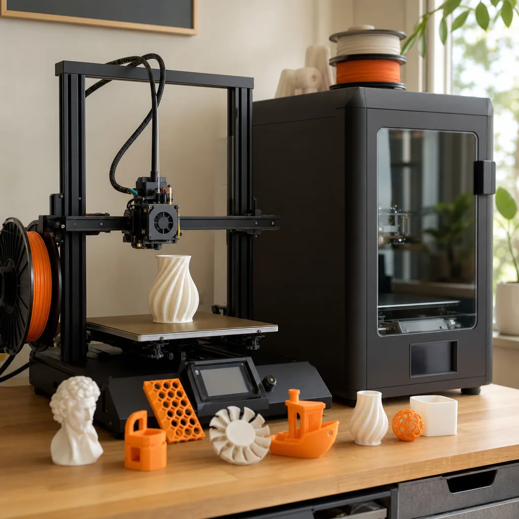 En öppen FDM 3D-skrivare och en kapslad 3D-skrivare bredvid varandra på en hylla hemma, med färdiga utskrifter i orange och vitt uppställda framför