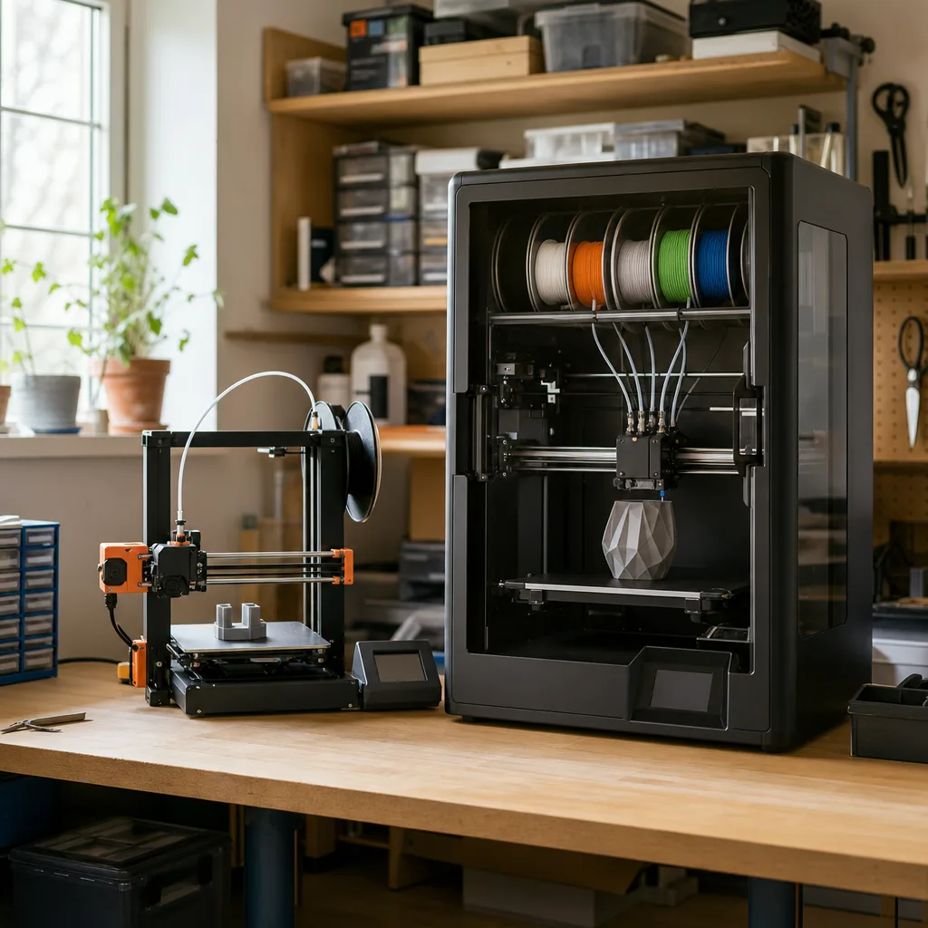 En kompakt öppen 3D-skrivare bredvid en större kapslad CoreXY-skrivare med färgsystem