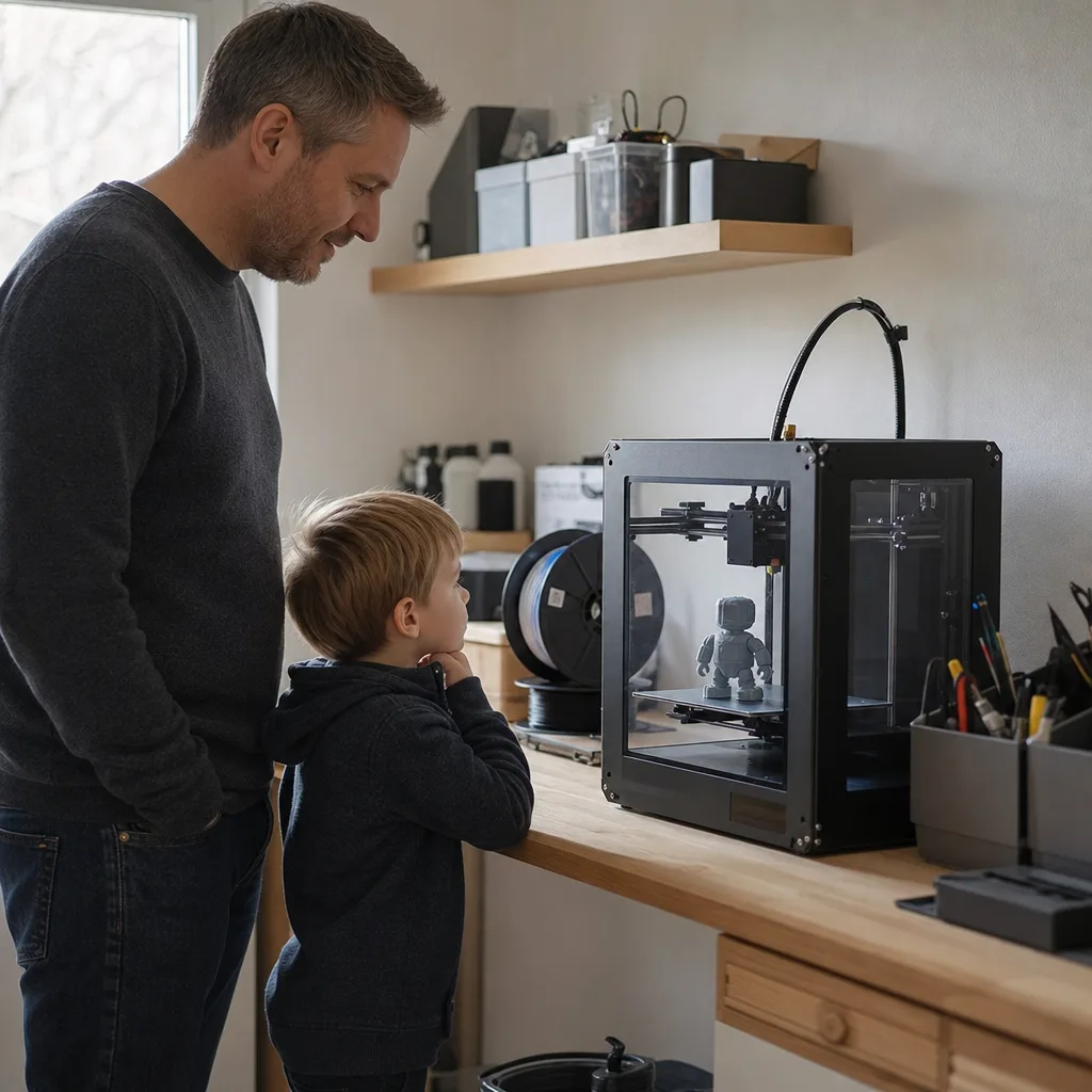 Ett barn tittar nyfiket på behörigt avstånd på en kapslad 3D-skrivare som skriver ut en leksaksfigur, en vuxen håller uppsikt bredvid