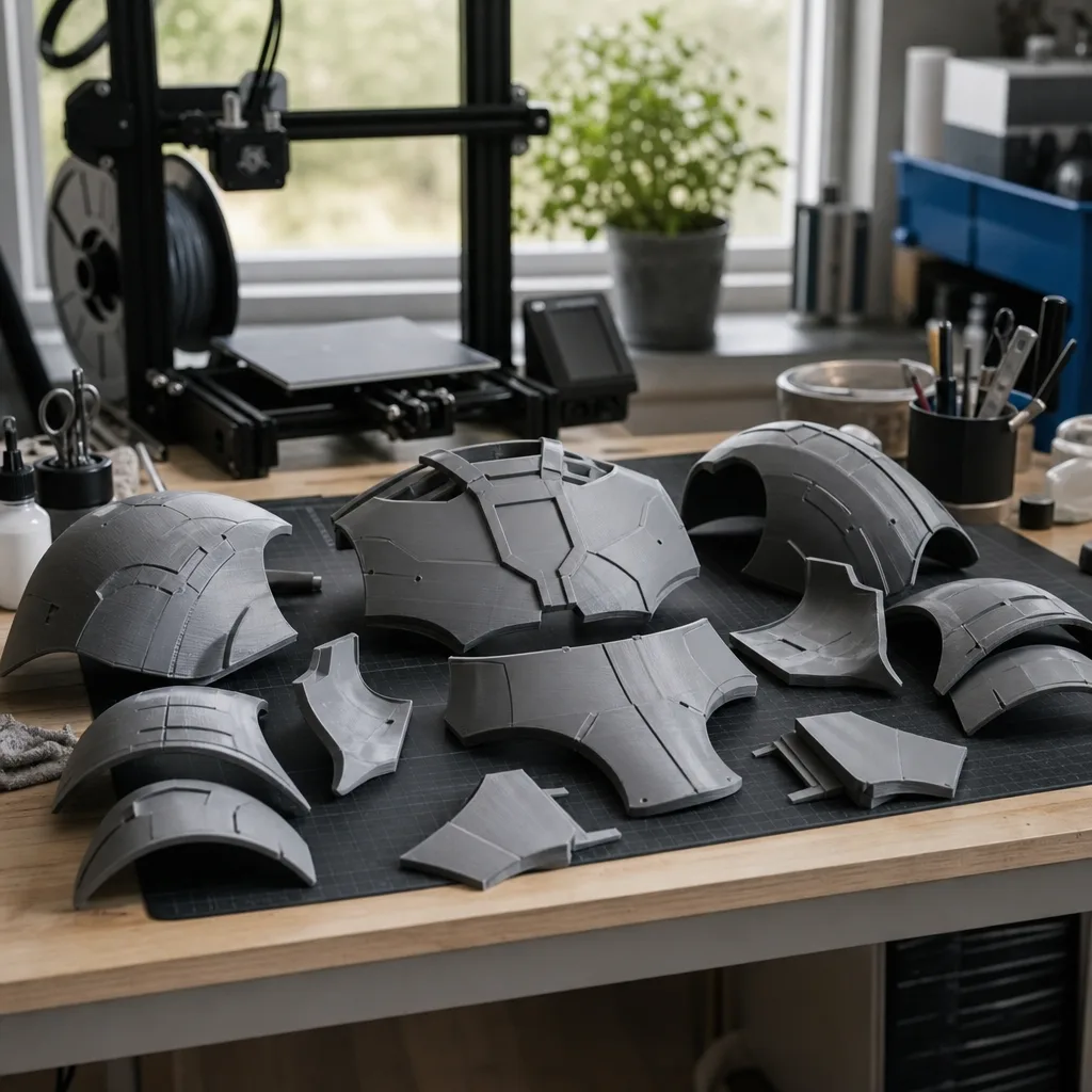 Ett stort 3D-printat rustningsplagg uppdelat i flera segment, redo att limmas ihop på ett arbetsbord