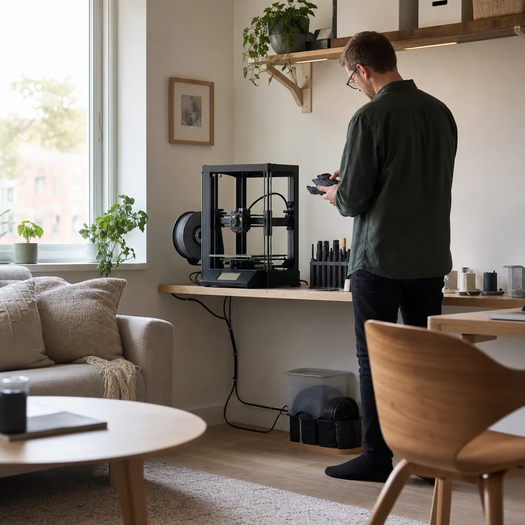En kompakt 3D-skrivare placerad på en smal hylla i ett litet lägenhetsvardagsrum med ordnad kabeldragning