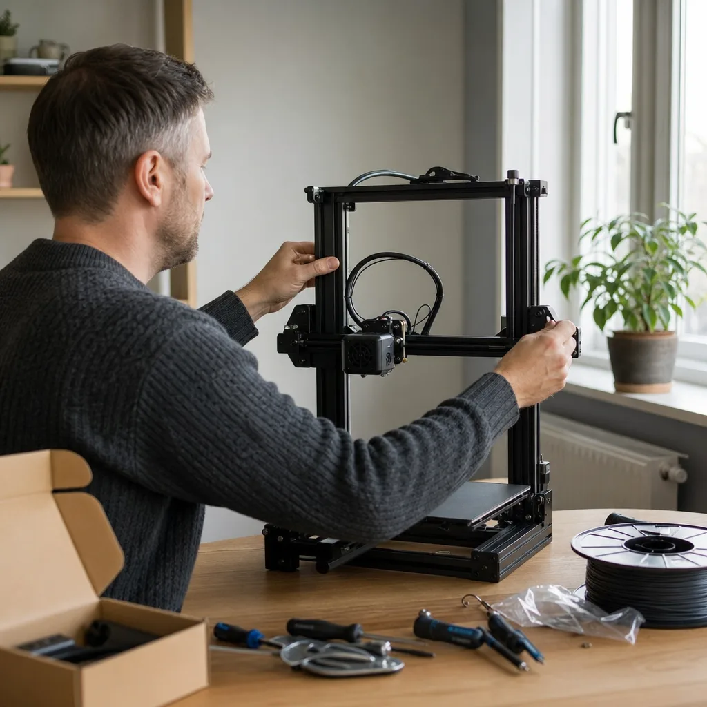 En nybörjare packar upp och monterar en ny FDM 3D-skrivare hemma, en filamentrulle bredvid på bordet