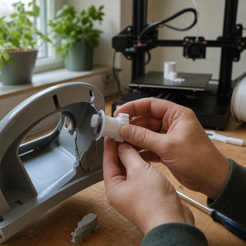 En vit 3D-printad reservdel provas i ett trasigt fäste hemma, en FDM 3D-skrivare syns i bakgrunden