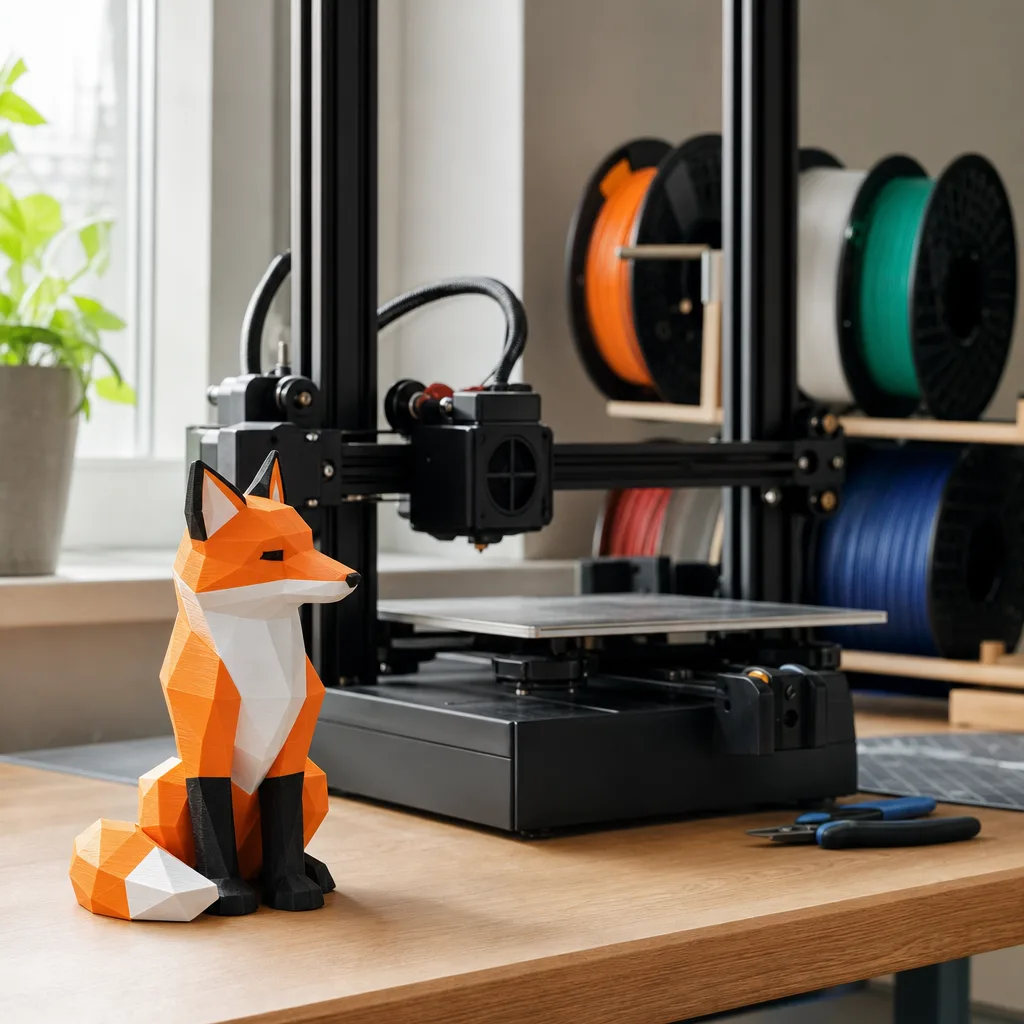 Ett 3D-printat föremål i flera tydliga färger bredvid en FDM 3D-skrivare med filamentspolar i olika kulörer