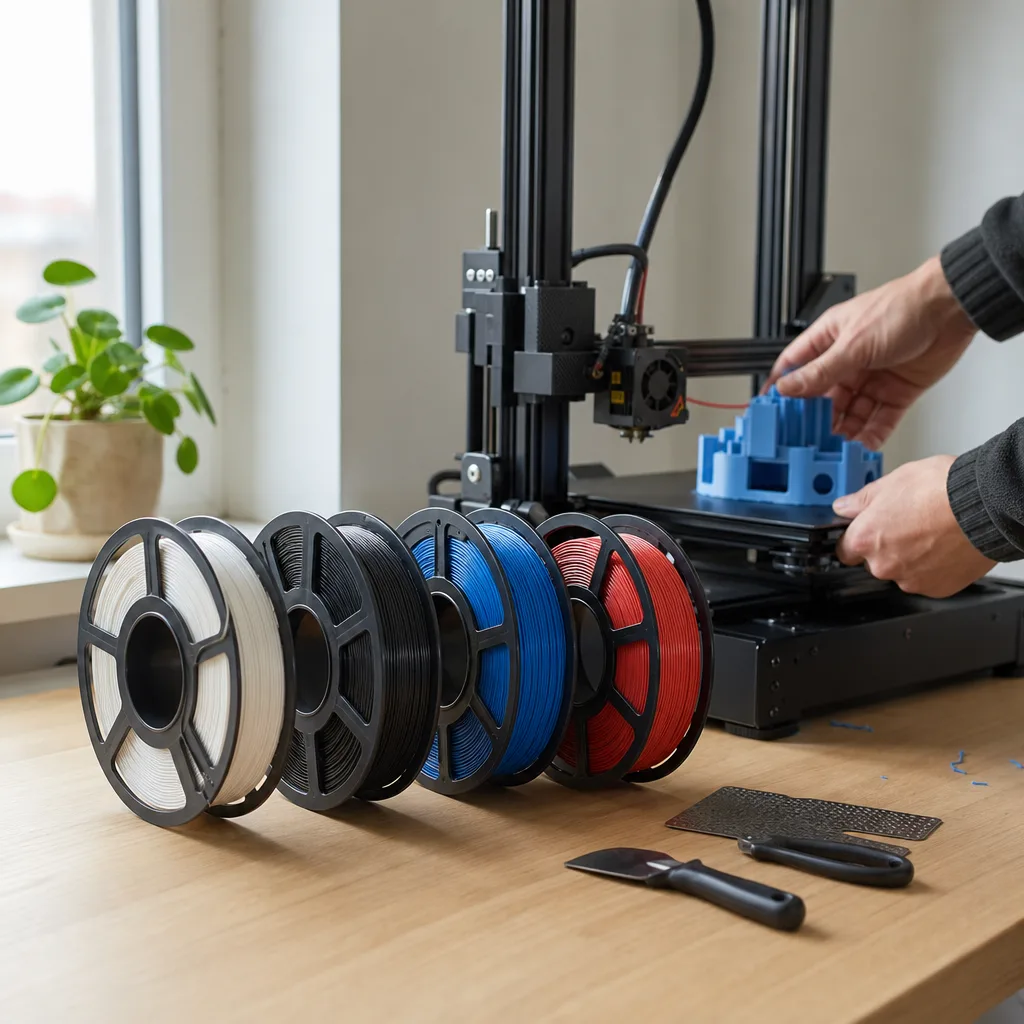 Fyra öppna filamentrullar i olika färger, PLA, PETG, TPU och ABS, uppställda bredvid en 3D-skrivare med en pågående utskrift