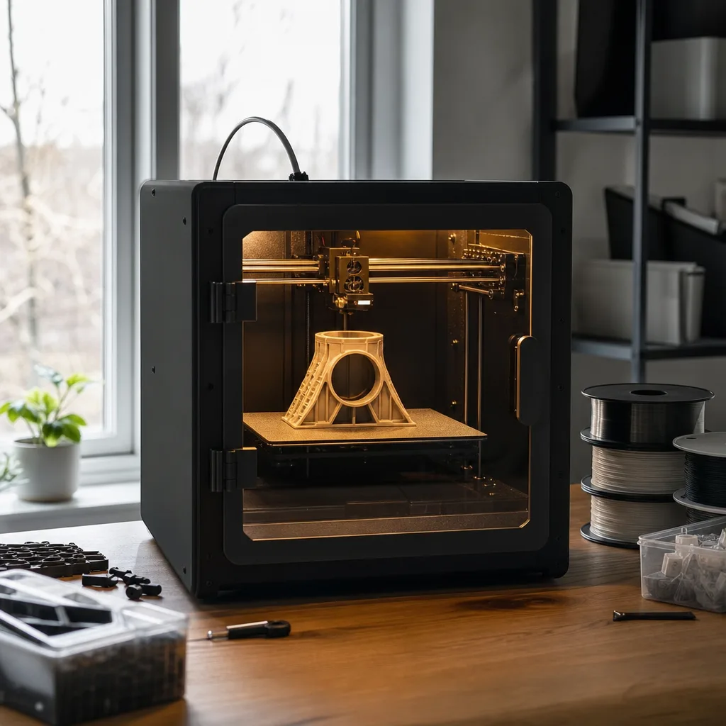 3D-skrivare med sluten kapsling där en ABS-utskrift pågår inuti, jämn belysning genom höljet