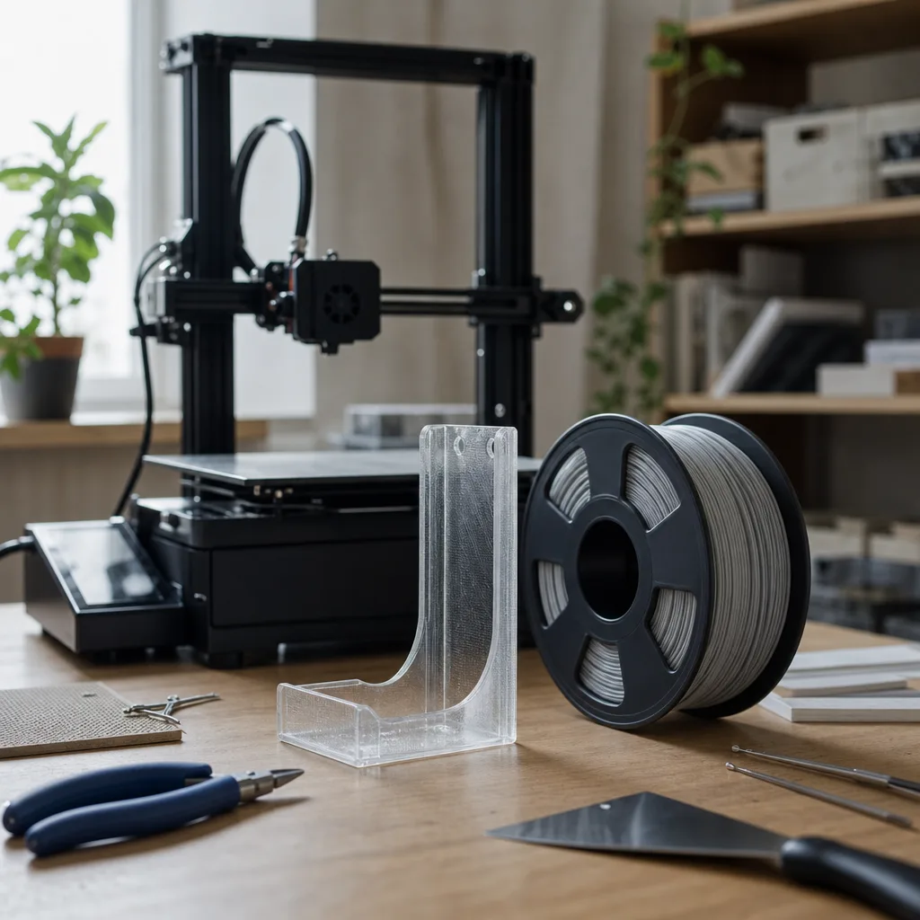 Genomskinlig PETG-hållare nyss utskriven bredvid en filamentrulle på ett arbetsbord