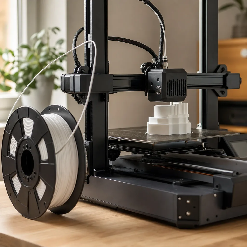 En vit PLA-filamentrulle matas in i en FDM 3D-skrivare, ett enkelt testobjekt på byggplattan