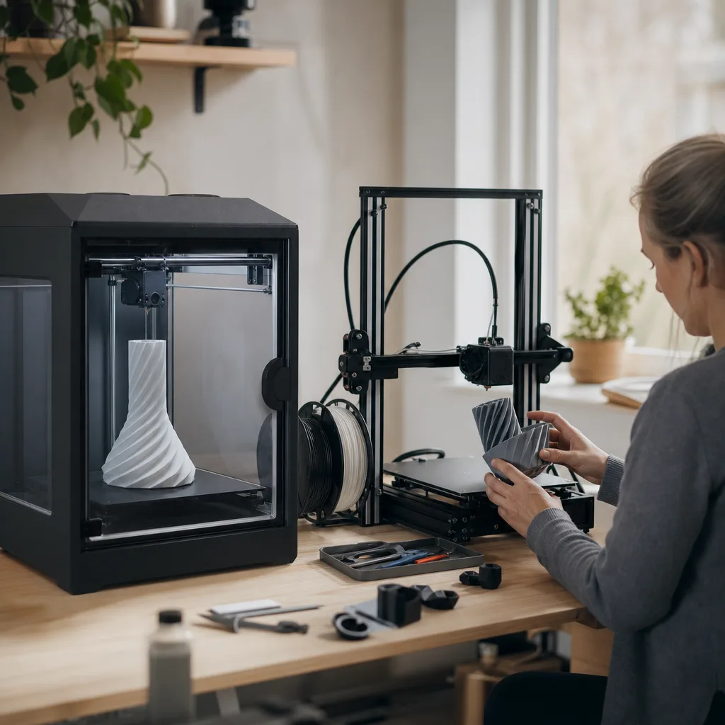 En sluten 3D-skrivare till vänster och en öppen till höger, tydlig kontrast i uppsättning