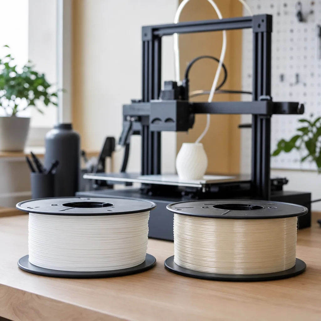 Två filamentrullar, PLA och PETG, sida vid sida på ett arbetsbord