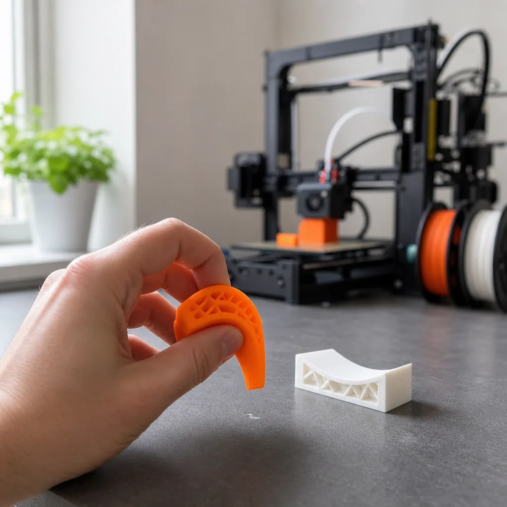 En flexibel orange 3D-utskriven detalj böjs mellan fingrarna bredvid en styv vit detalj