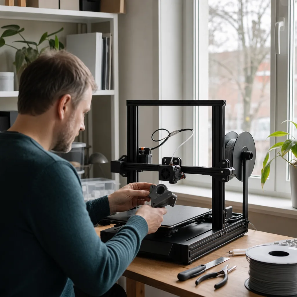 En 3D-skrivare placerad på ett bord i ett ljust, ventilerat hemmakontor med ett öppet fönster i bakgrunden