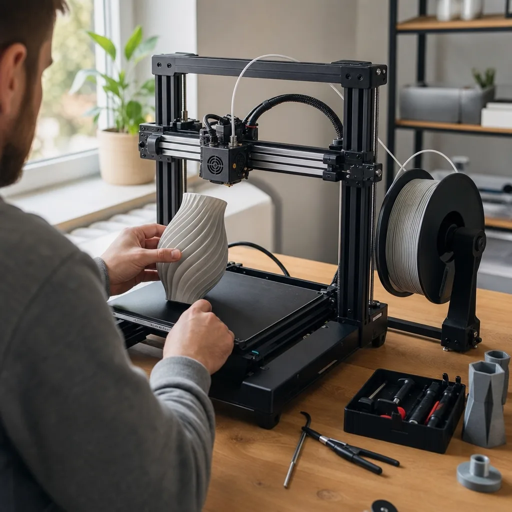 Illustration av en 3D-skrivares delar med byggplatta, munstycke och filamentrulle utmärkta
