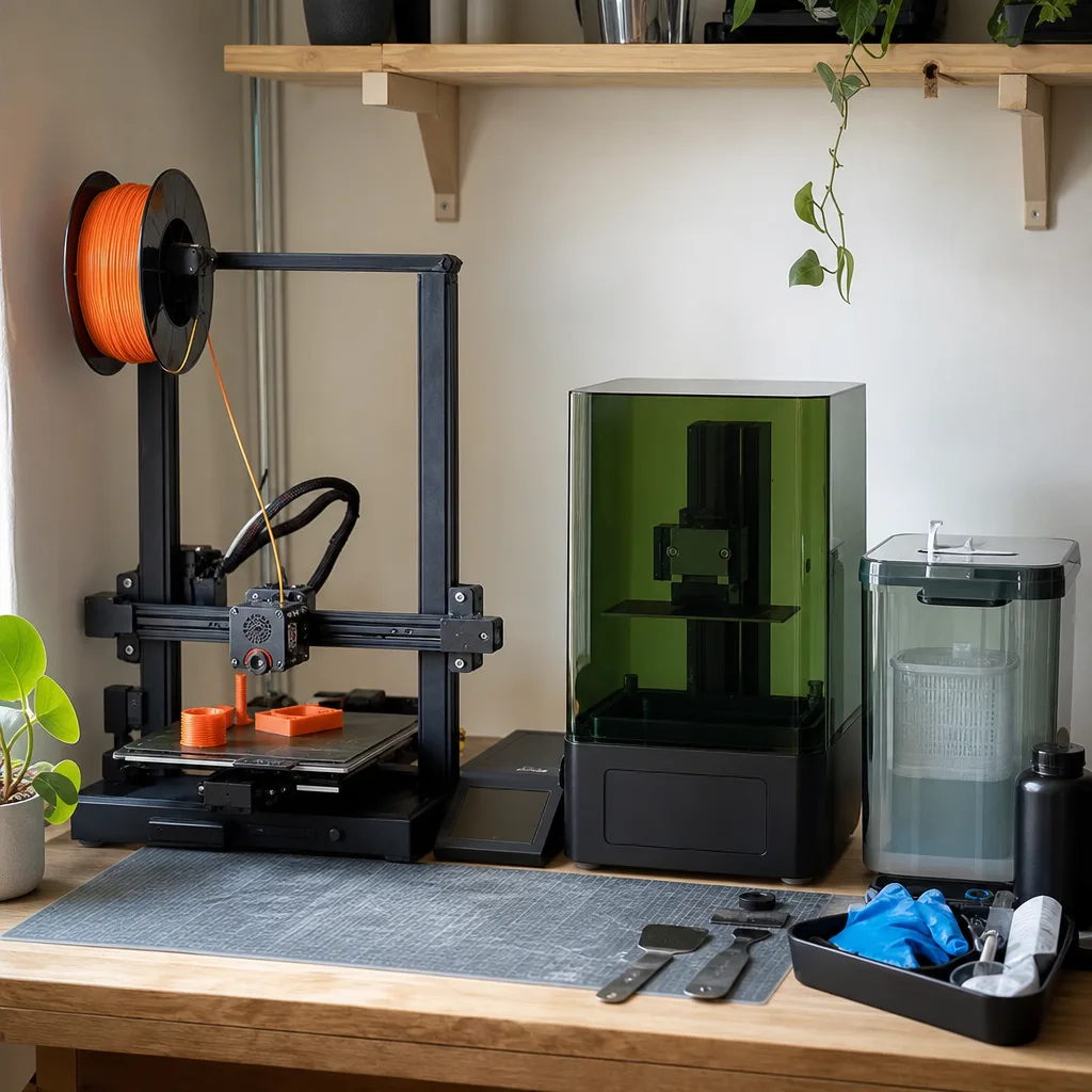 Två 3D-skrivare sida vid sida, en FDM-skrivare med orange filament till vänster och en resinskrivare med tvättstation till höger
