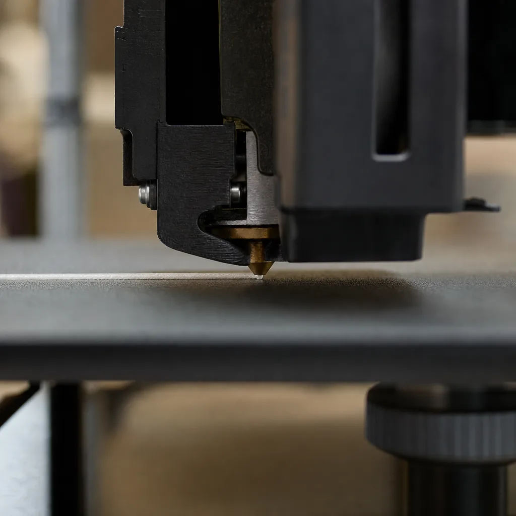 Närbild på ett jämnt första lager filament som fäster mot en ren byggplatta på en 3D-skrivare
