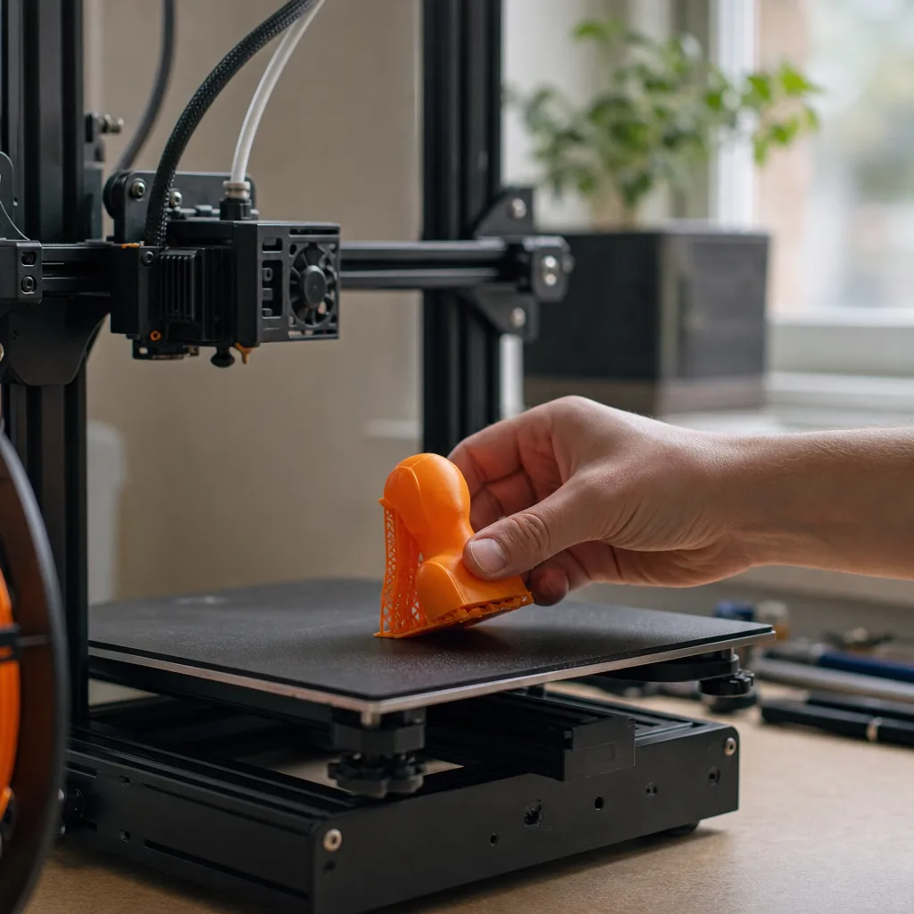 En hand lyfter bort en nyss utskriven enkel testfigur i orange filament från byggplattan på en FDM 3D-skrivare