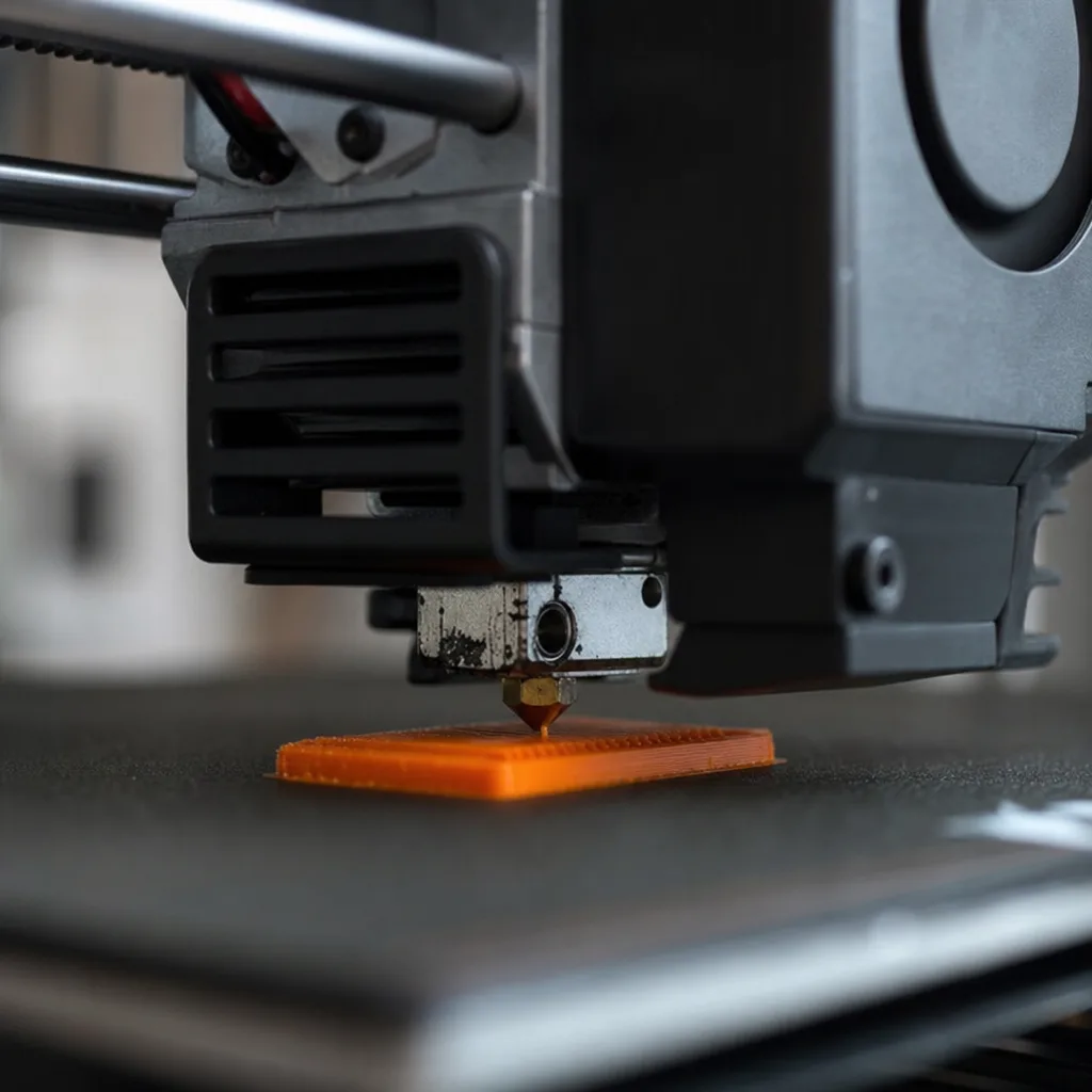 Extrem närbild på skrivhuvudet på en FDM 3D-skrivare medan smält orange filament trycks ut genom munstycket och läggs i ett tunt lager
