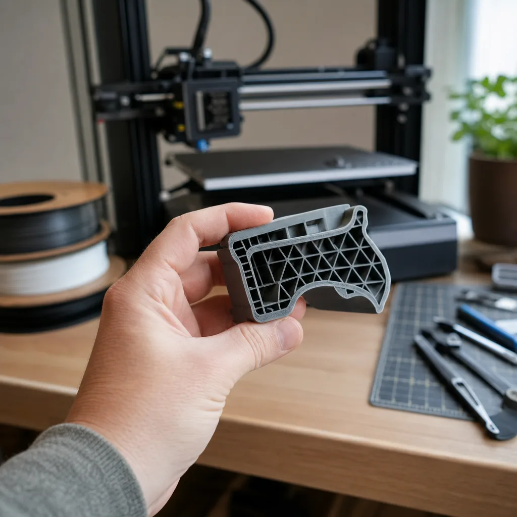 Genomskuren 3D-utskriven funktionsdel som visar väggar och fyllnadsmönster på insidan