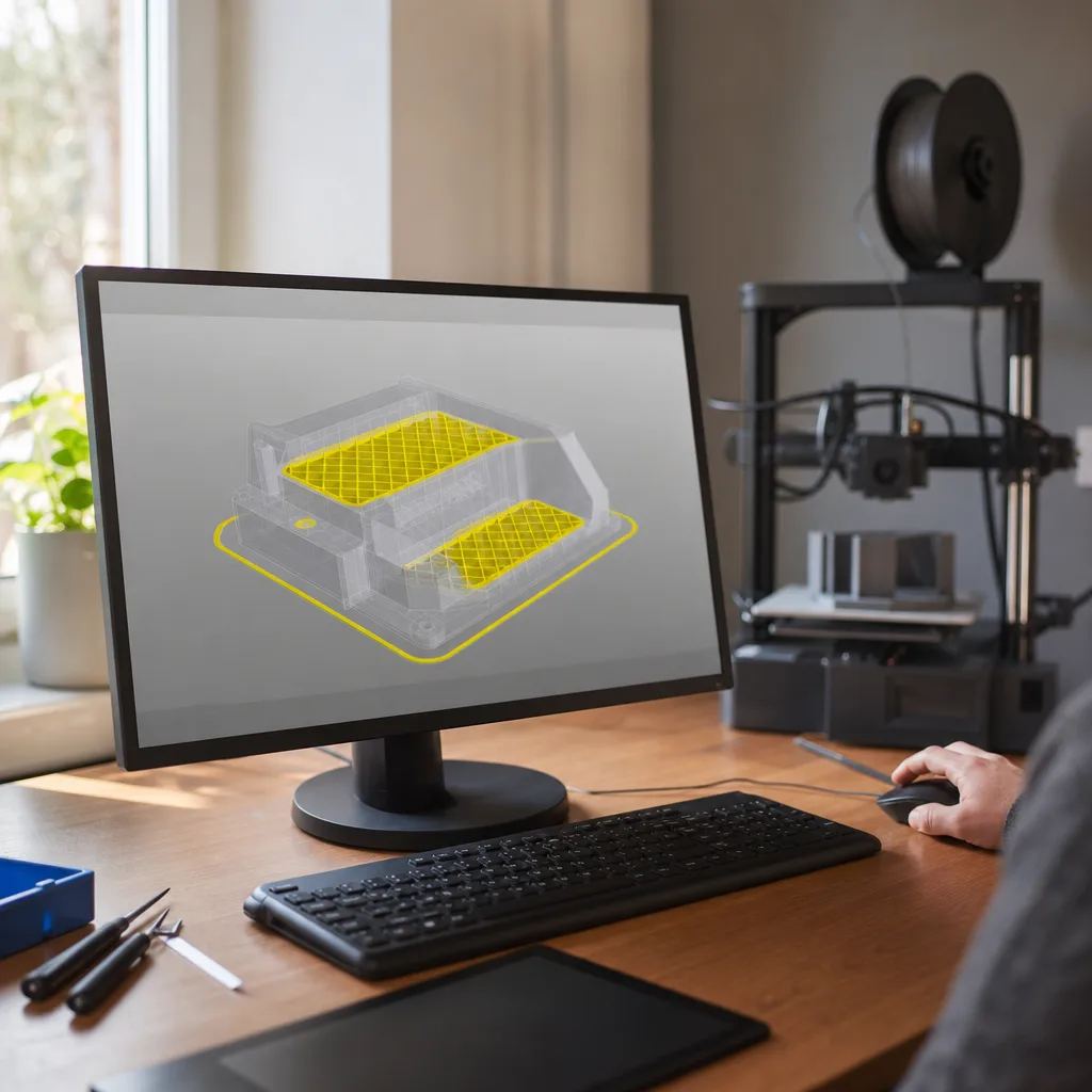 Slicerförhandsgranskning på en datorskärm som visar det inre fyllnadsmönstret inuti en digital modell