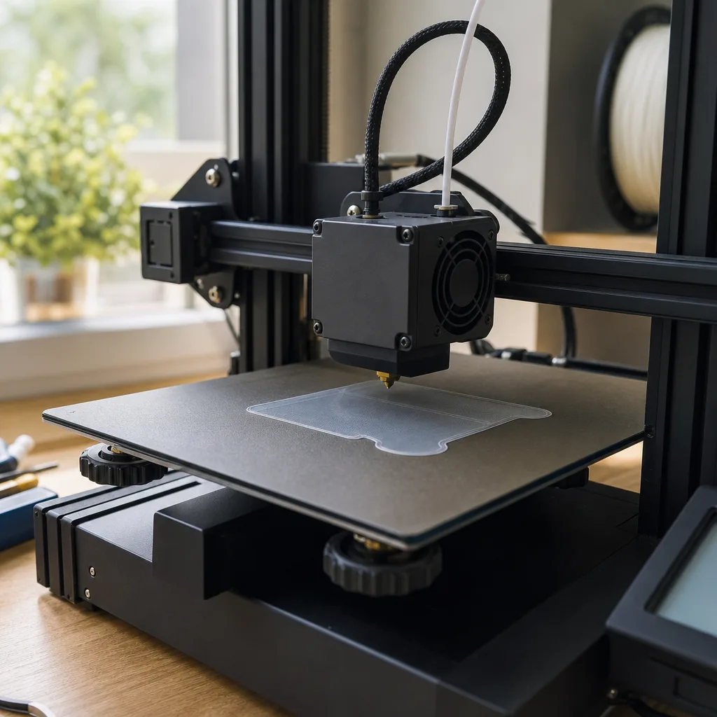 Närbild på en FDM 3D-skrivare mitt i en utskrift, med det första lagret synligt på byggplattan