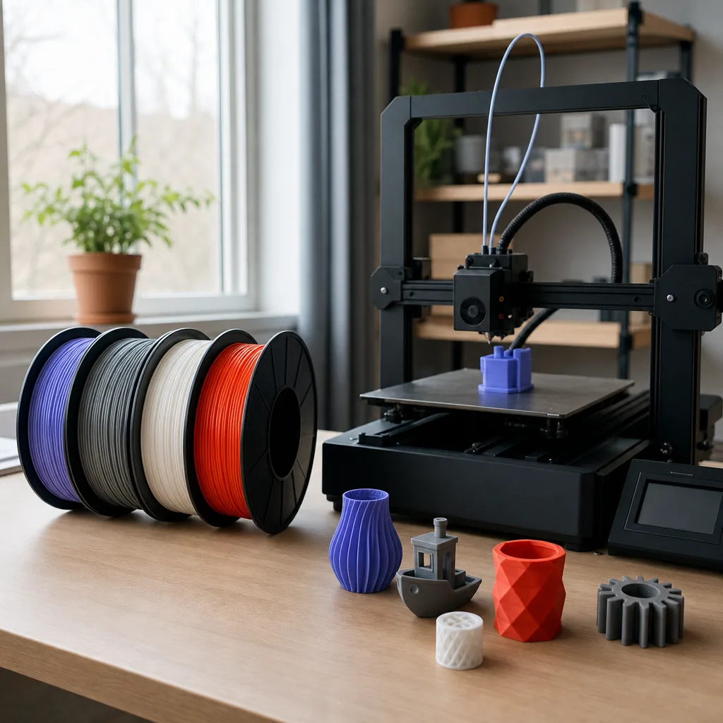 Fyra filamentrullar i olika färger uppradade bredvid en 3D-skrivare, med utskrivna testbitar framför