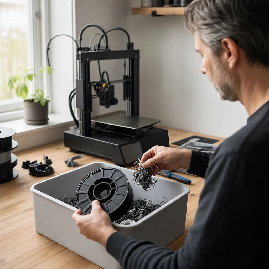 En hand sorterar avklippta filamentrester och en tom spole i en återvinningslåda hemma bredvid en 3D-skrivare