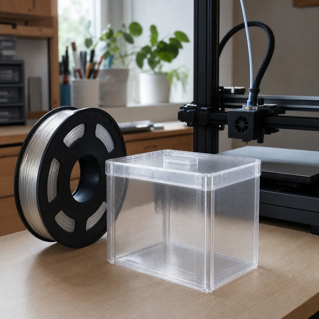 Genomskinlig PETG-behållare med lock nyss utskriven, placerad bredvid en filamentrulle
