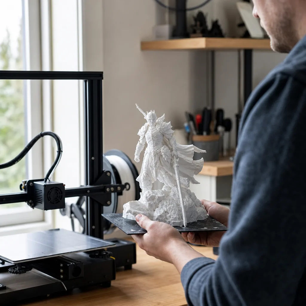 Nyutskriven detaljerad figur i vit PLA som just lyfts av byggplattan