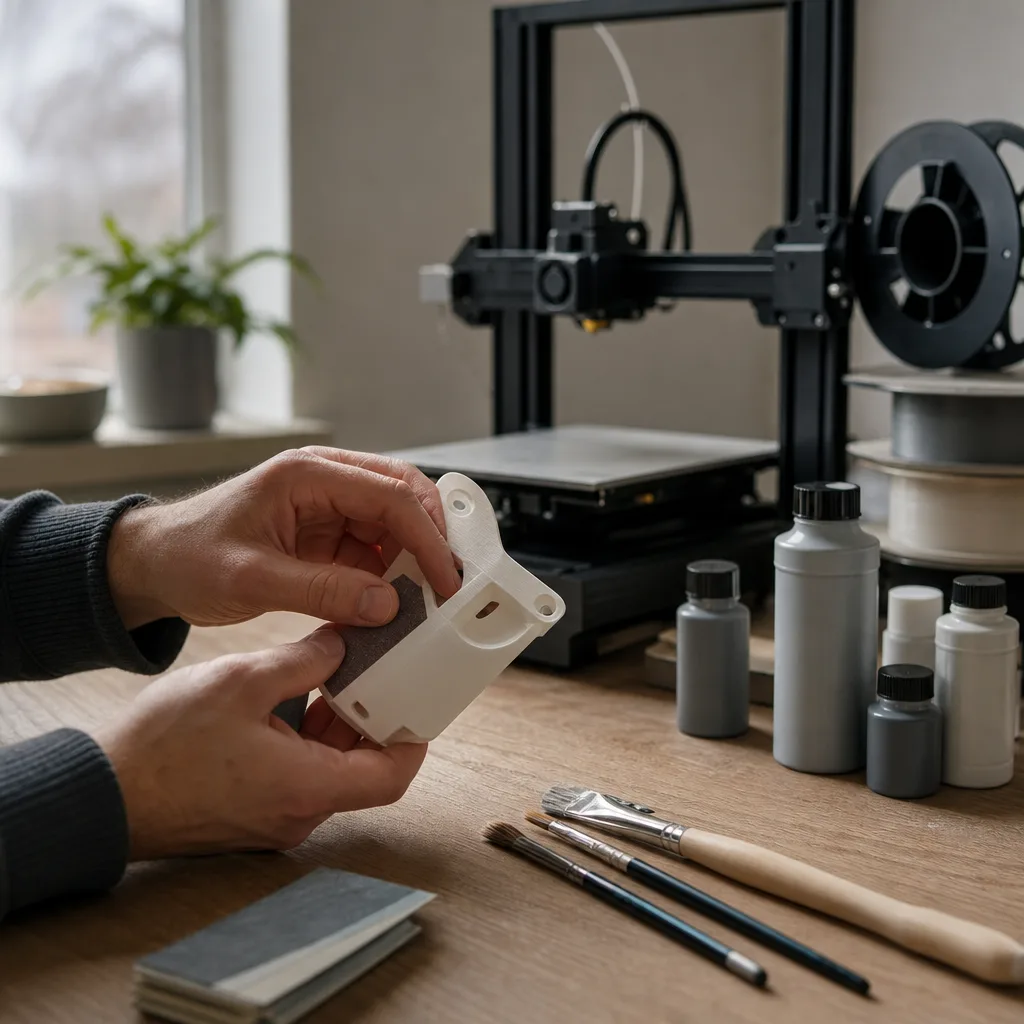 En hand slipar för hand på en vit 3D-utskriven detalj med sandpapper, penslar och grundfärg bredvid på ett arbetsbord