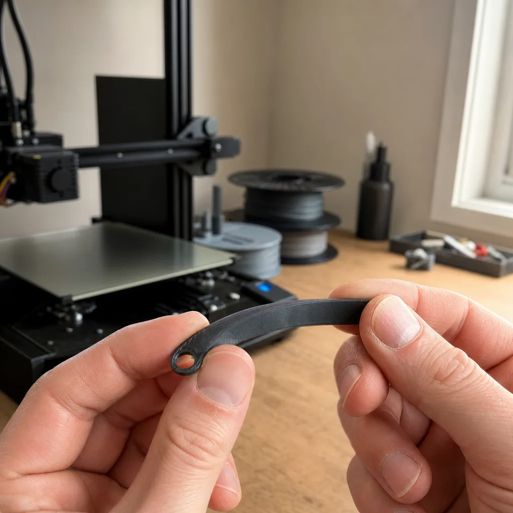Närbild på en nytryckt funktionsdel i tough-resin som böjs lätt mellan två fingrar utan att spricka