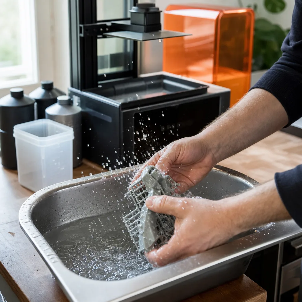 En resinutskrift sköljs med vatten i ett tvättkärl i stället för med isopropylalkohol