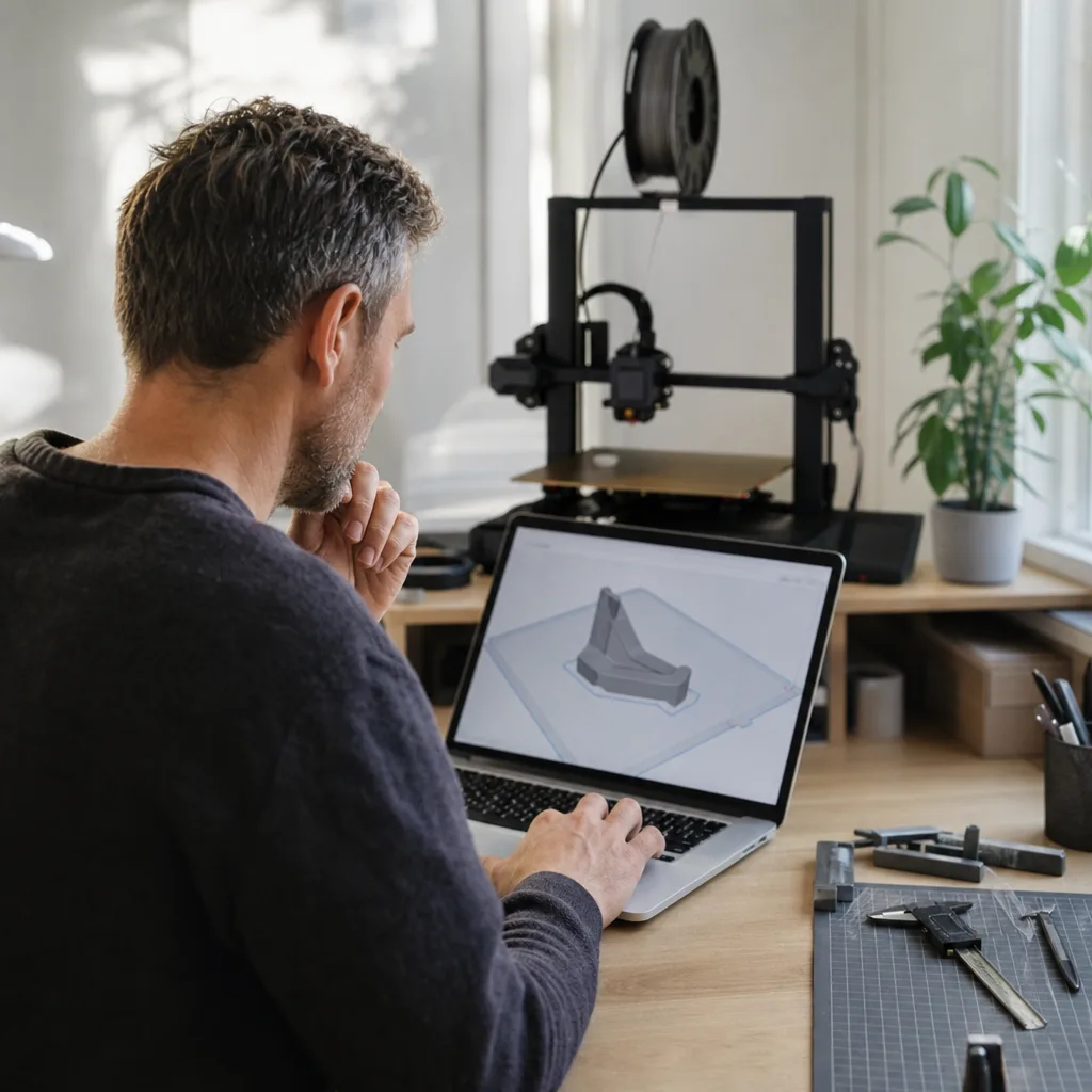 En person sitter vid en bärbar dator och granskar en 3D-modell innan den skickas till skrivaren