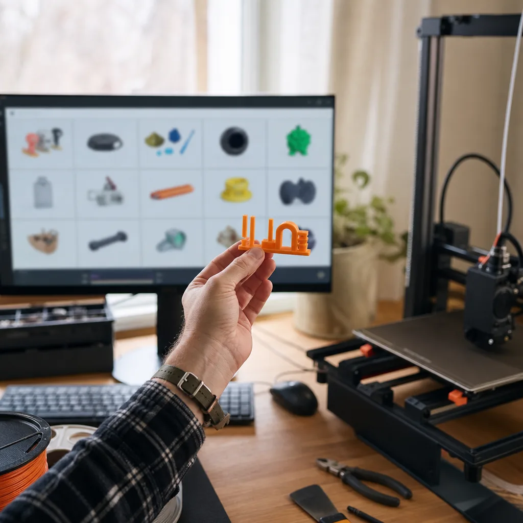 Dataskärm med flera små förhandsgranskningar av nedladdade 3D-modeller bredvid en nyss utskriven liten testdel på ett bord