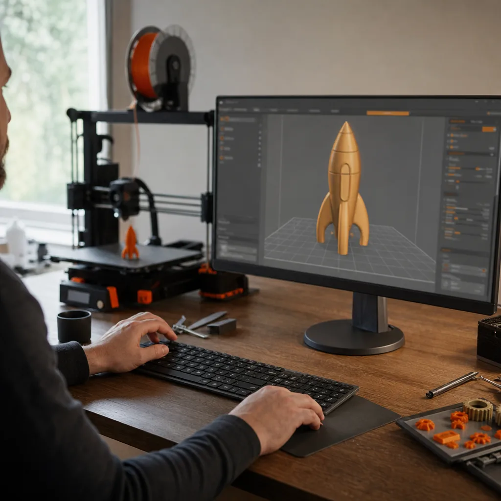 Dataskärm som visar ett projektbaserat slicerprogram med en 3D-modell placerad på en digital byggplatta, med en FDM-skrivare synlig i bakgrunden