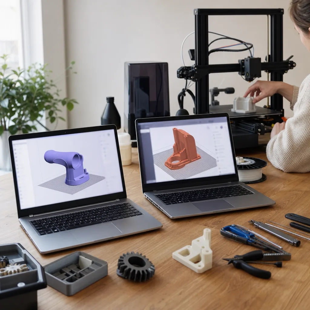 Två bärbara datorer sida vid sida på ett skrivbord, båda med en 3D-modell öppen i ett sliceprogram