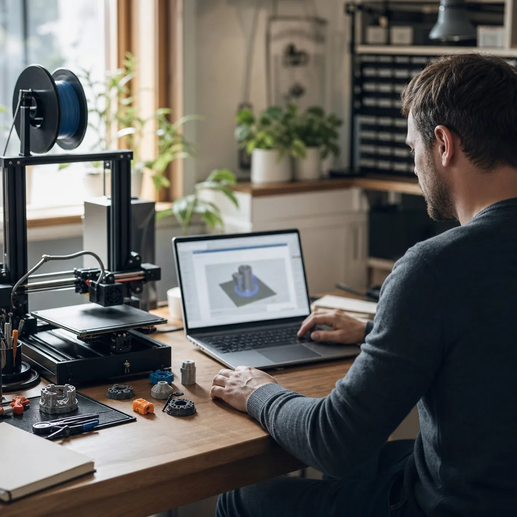 En person sitter vid en bärbar dator bredvid en 3D-skrivare och förbereder en utskrift i sliceprogrammet