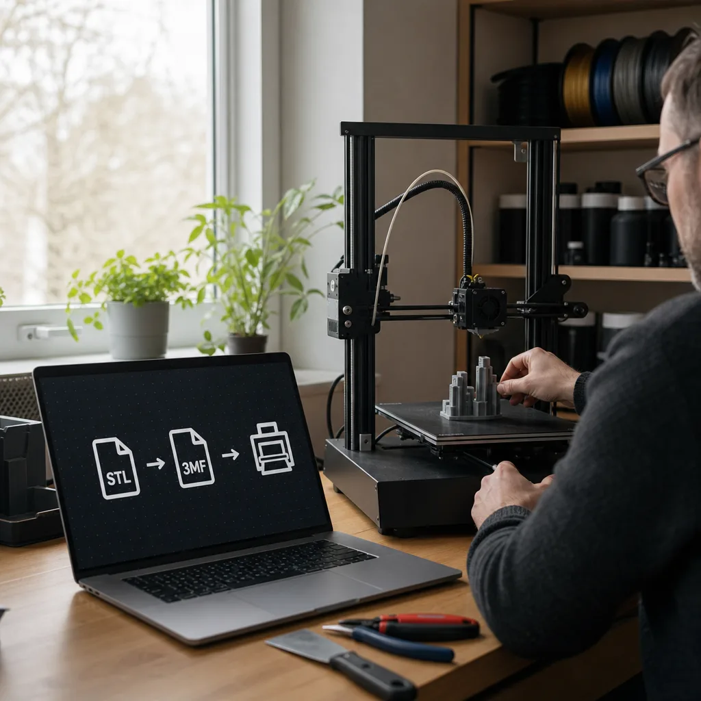Skärm som visar två filikoner sida vid sida, STL och 3MF, med ett flödesschema från modellfil via slicer till 3D-skrivare