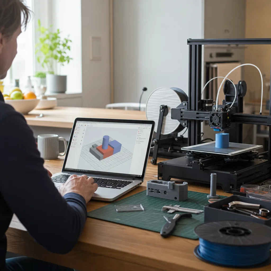 Webbläsare som visar en enkel digital arbetsyta där geometriska grundformer som block och cylindrar kombineras till en modell