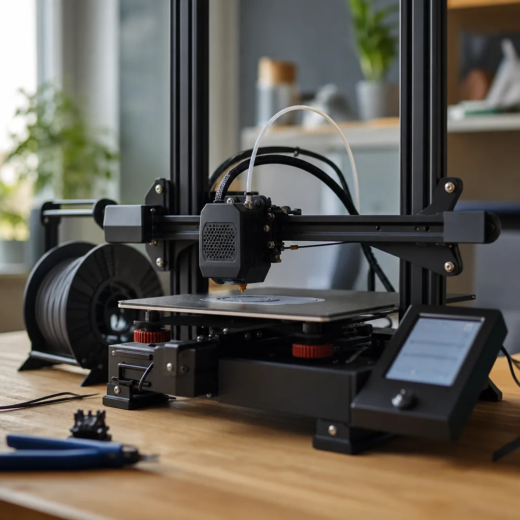 Närbild på en 3D-skrivare som just har påbörjat en utskrift, med de första lagren synliga på byggplattan
