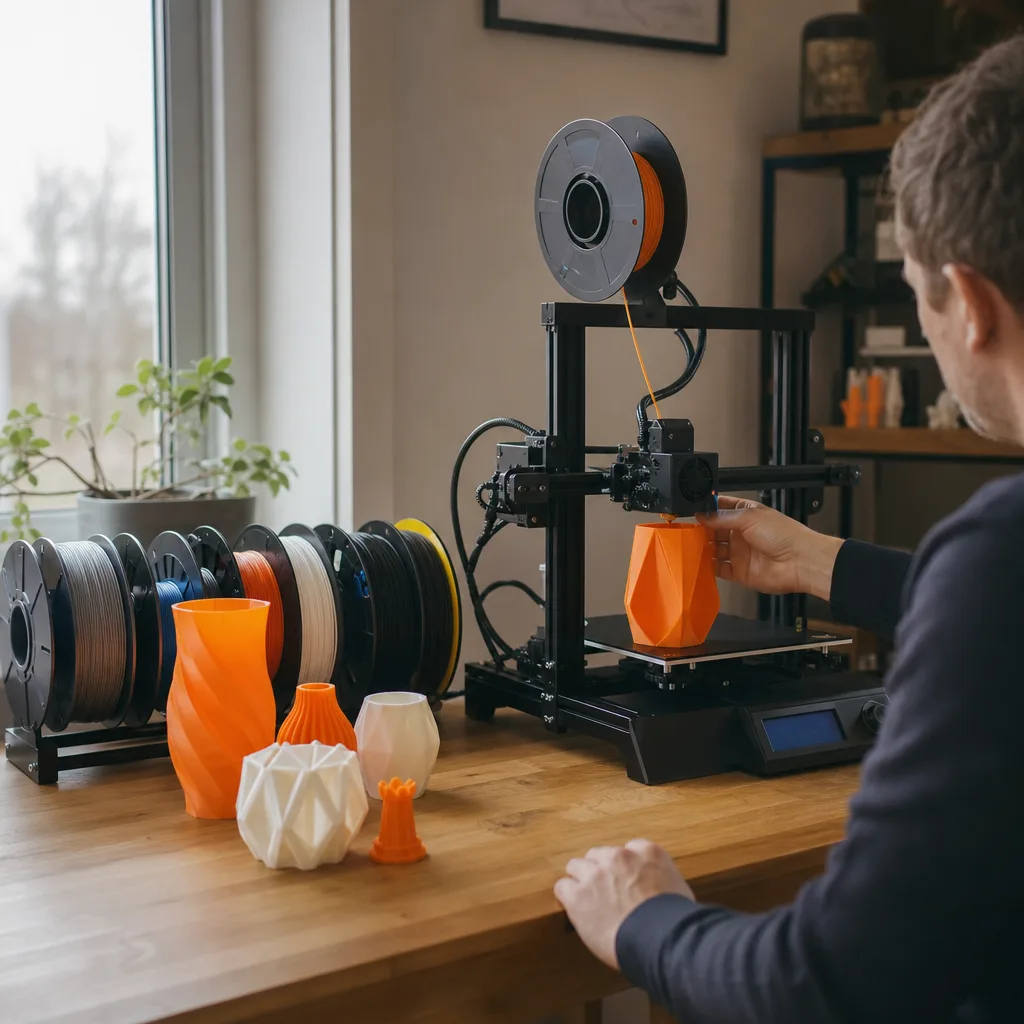Ett hemmakontor med en 3D-skrivare mitt i en utskrift, filamentrullar i flera färger och färdiga utskrivna föremål uppställda på bordet