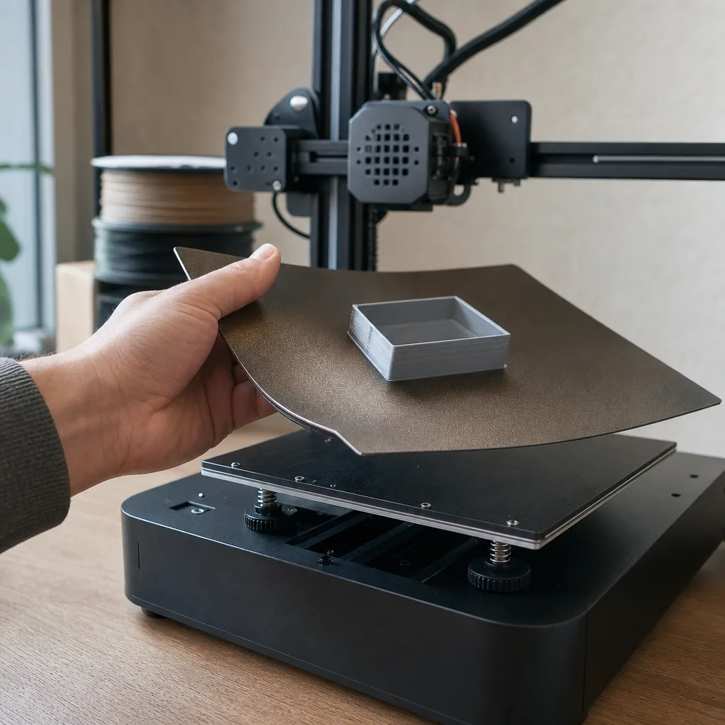 Närbild på en flexibel PEI-belagd byggplatta som lyfts av en 3D-skrivares värmebädd