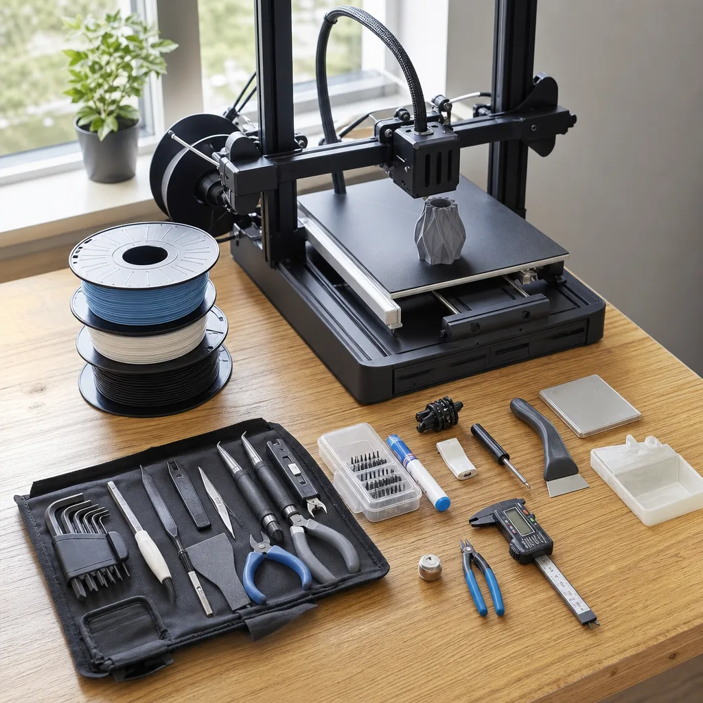Ett samlat startkit med verktyg och tillbehör utlagt bredvid en FDM 3D-skrivare