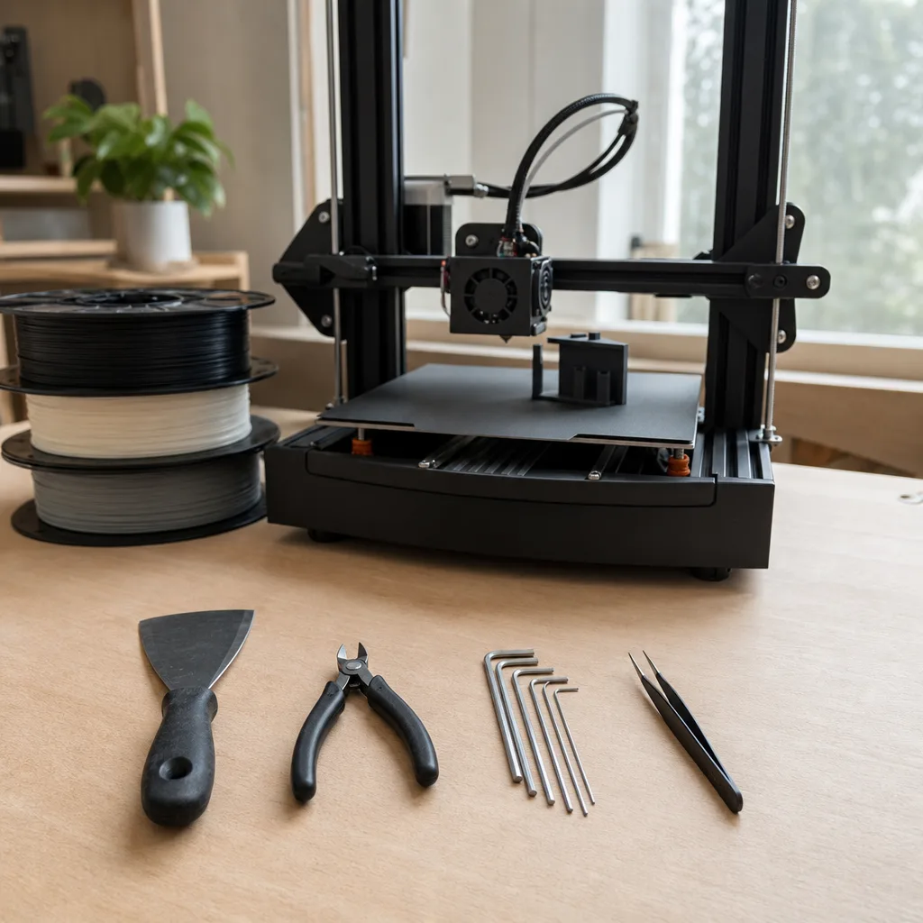Handverktyg för 3D-utskrift uppradade på ett arbetsbord bredvid en 3D-skrivare