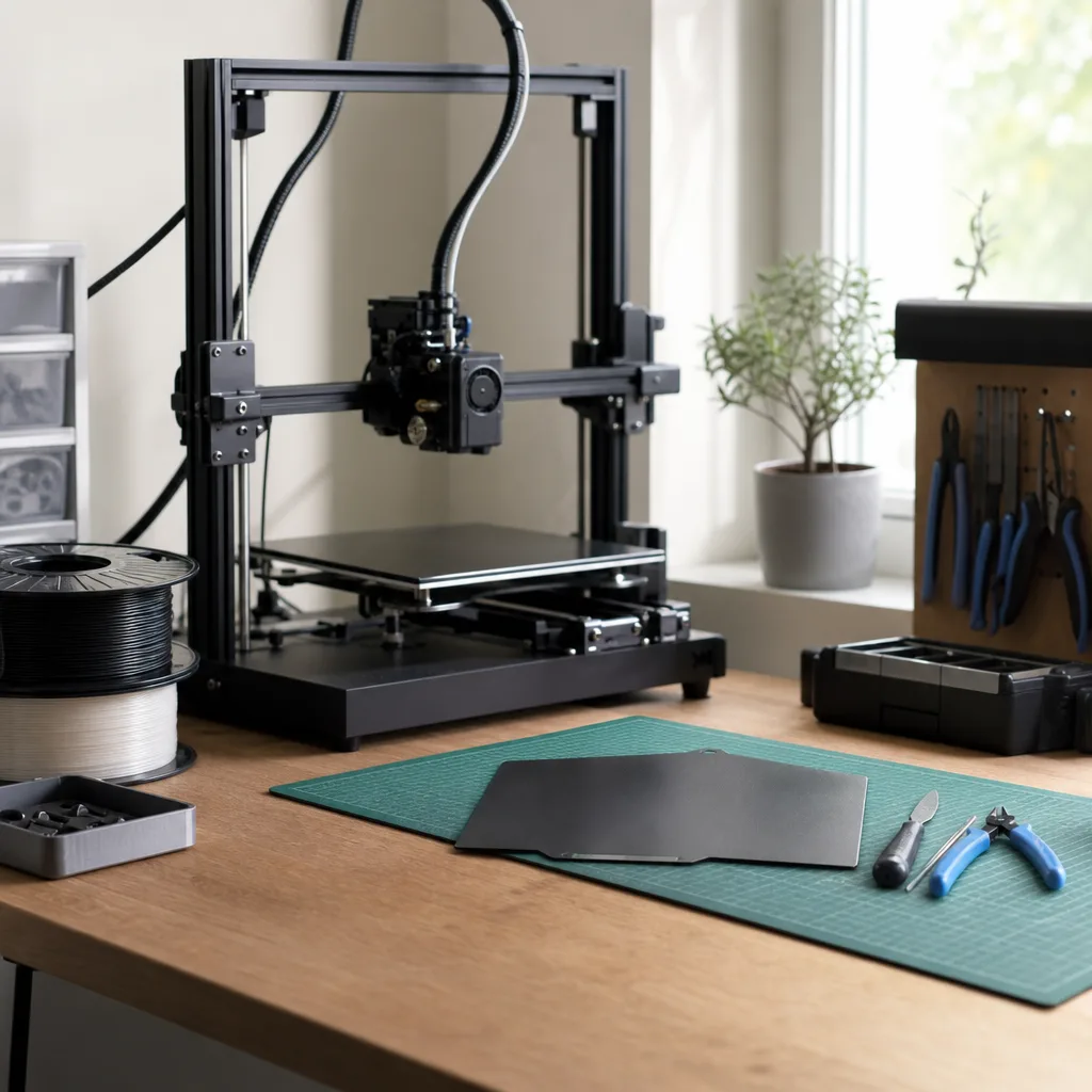 Hemmaverkstad med en öppen FDM 3D-skrivare, verktyg och en ren byggplatta redo för underhåll