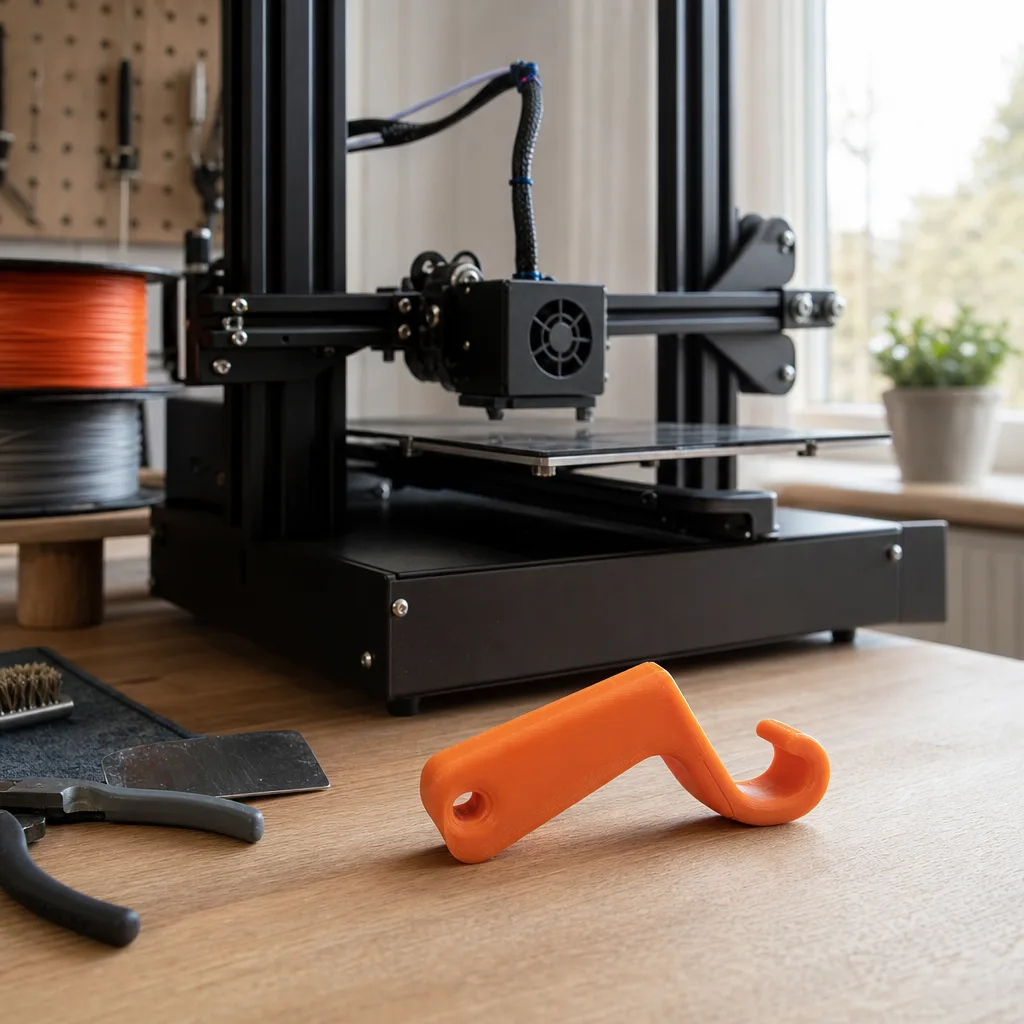 Utskriven plastreservdel bredvid en öppnad 3D-skrivare på ett arbetsbord
