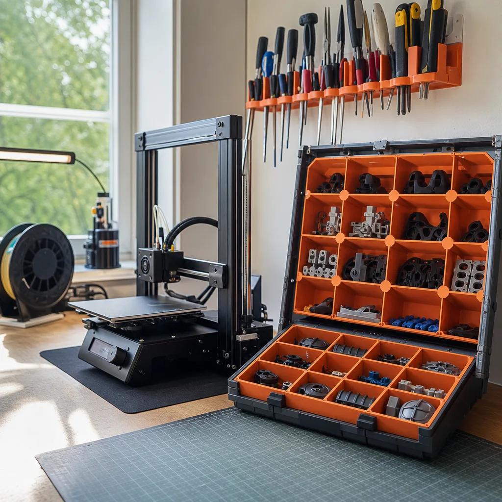 Orange 3D-printade modulhållare i ett rutnätssystem i en öppen låda, med en väggmonterad verktygshållare intill
