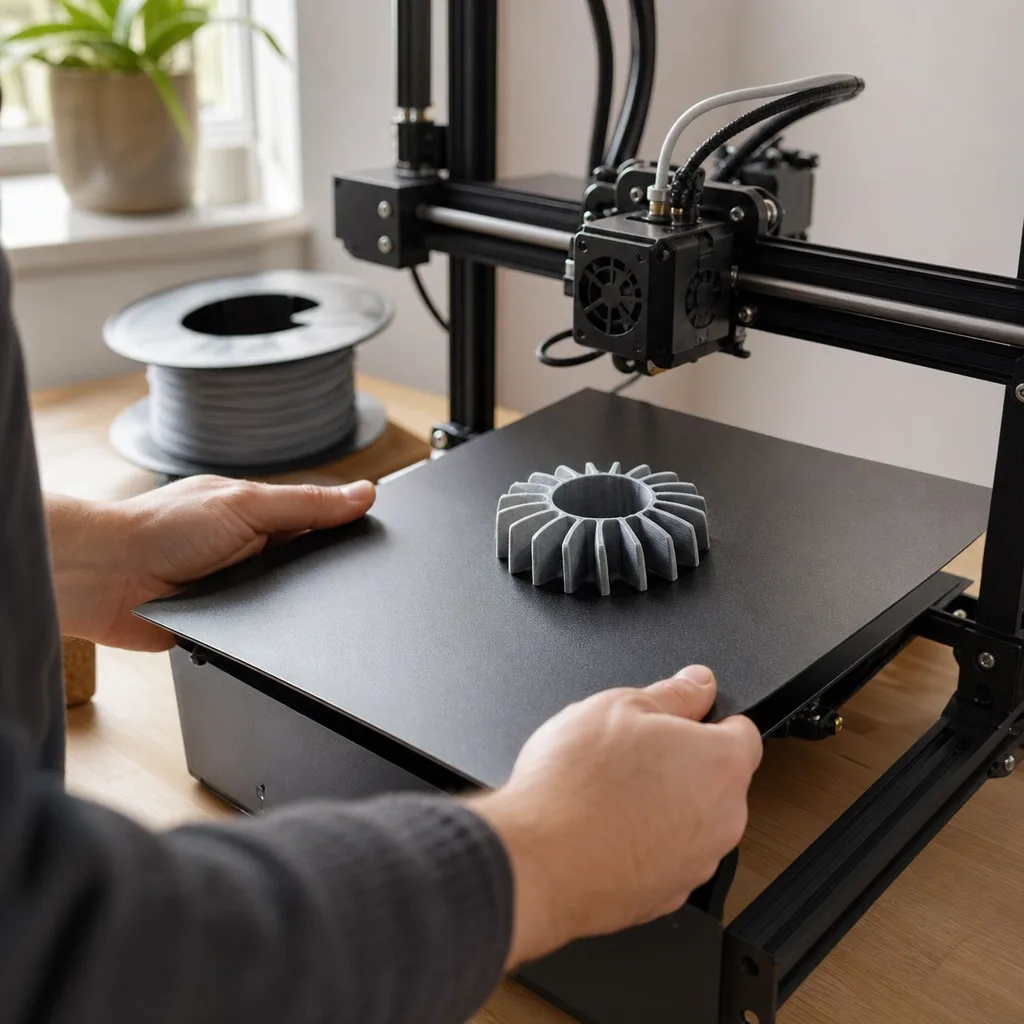 Någon lyfter av en flexibel byggplatta från värmebädden på en FDM 3D-skrivare