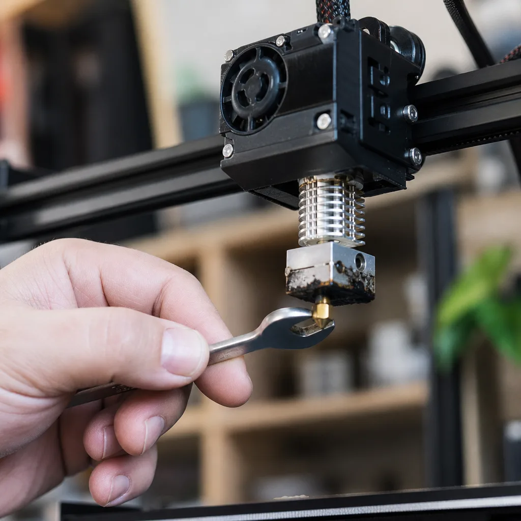 En hand skruvar loss ett munstycke från hotenden på en FDM 3D-skrivare