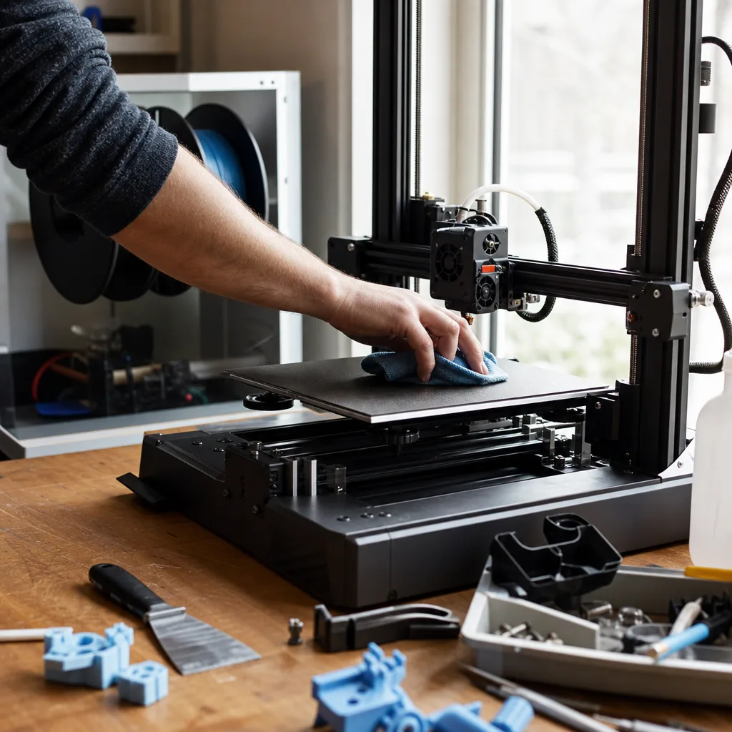 Någon torkar av byggplattan på en FDM 3D-skrivare med en mjuk trasa