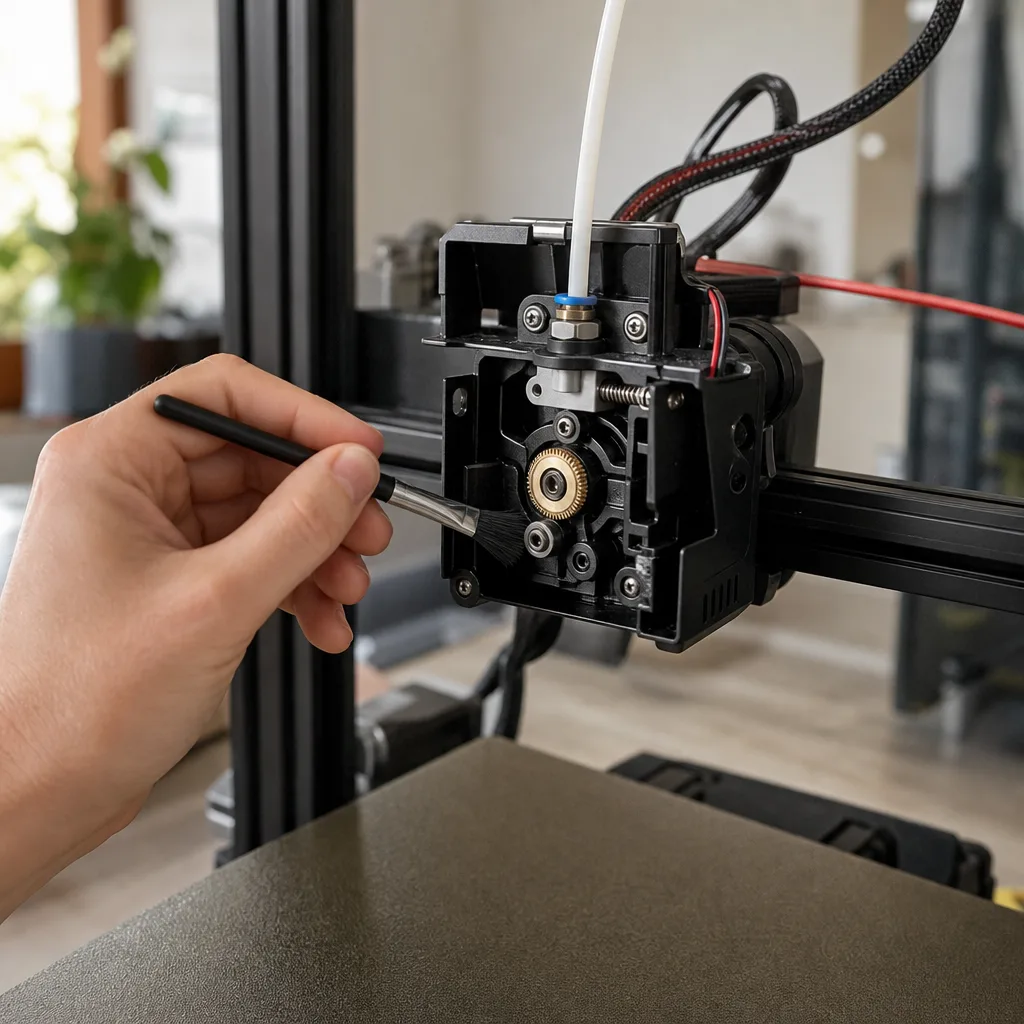 Närbild på extrudermekanismen med öppen kåpa på en FDM 3D-skrivare